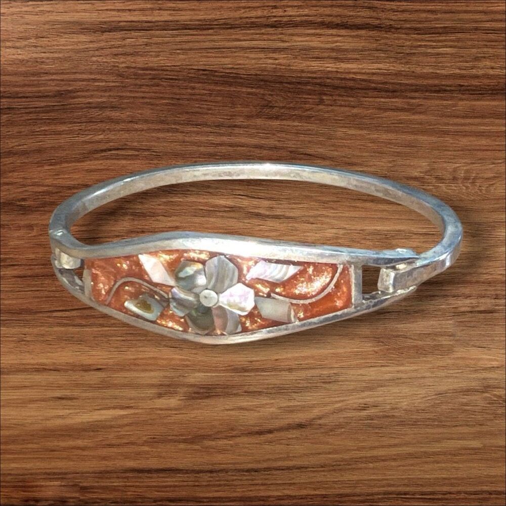 Vintage Mexico Abalone Mother of Pearl Floral Inlay Cuff Bracelet 5 3/4” - 6”